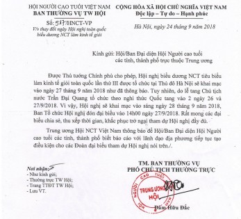 Công văn số 517/HNCT-VP, ngày 24/9/2018 của Ban Thường vụ Trung ương Hội NCT Việt Nam về việc “Thay đổi ngày Hội nghị toàn quốc biểu dương NCT làm kinh tế giỏi” 